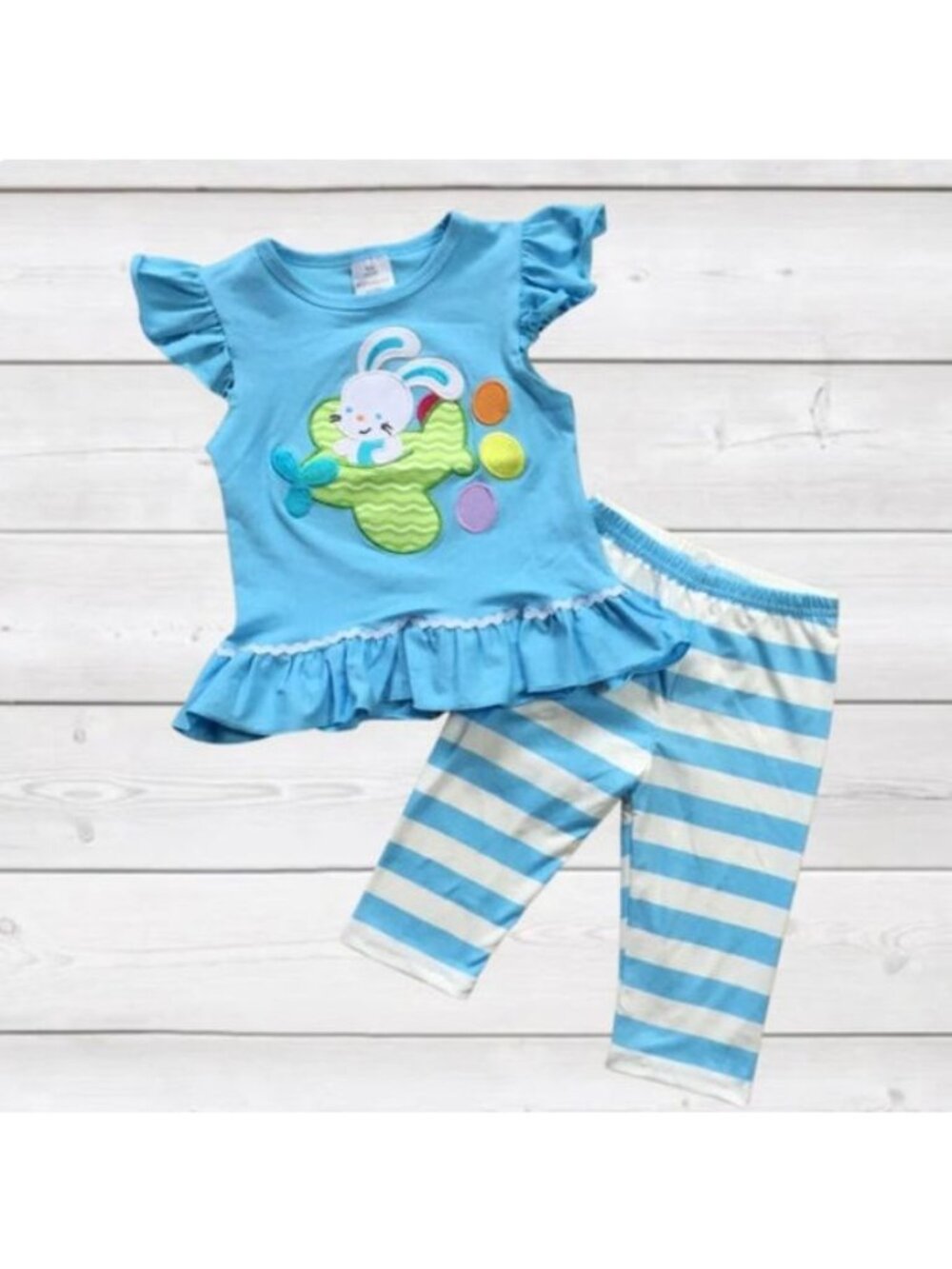 Girls 6/7 Blue Bunny Top & Striped Leggings Set - Ruffled Sleeves Elastic Waist